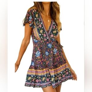 NWT/Bohemian Beach Dress Women V-Neck Floral Mini Dress Ruffle Hem